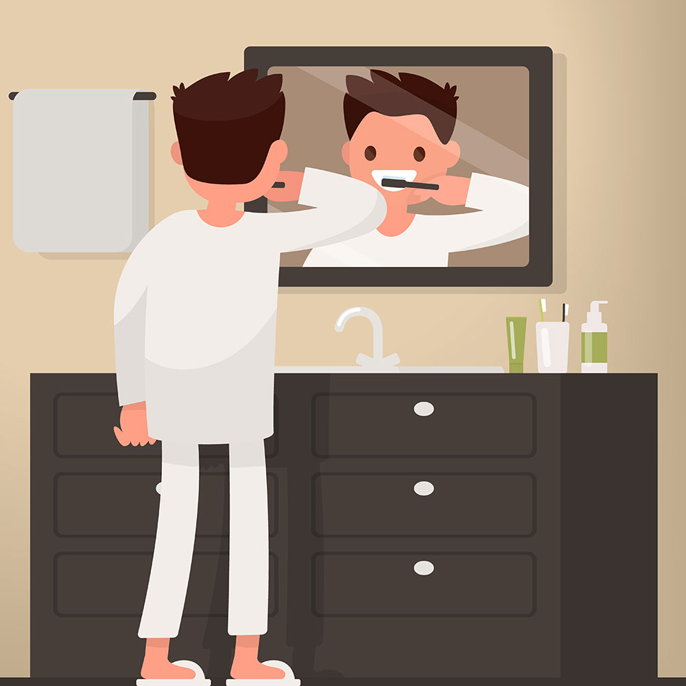 An animation of a male with brown hair brushing his teeth.
